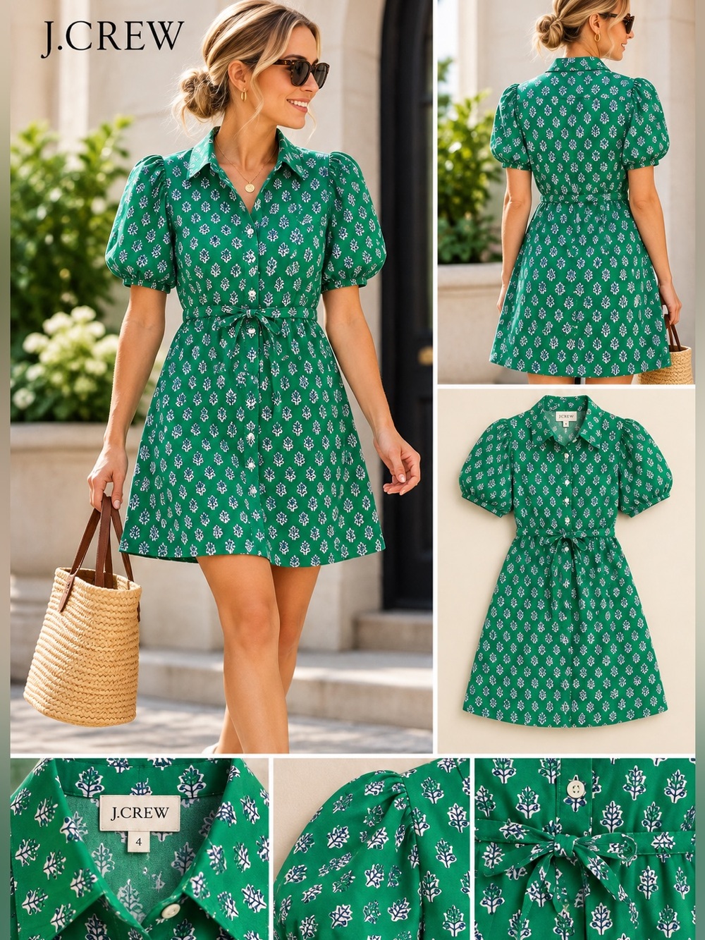 J.Crew green botanical puff-sleeve dress, size 4, excellent condition